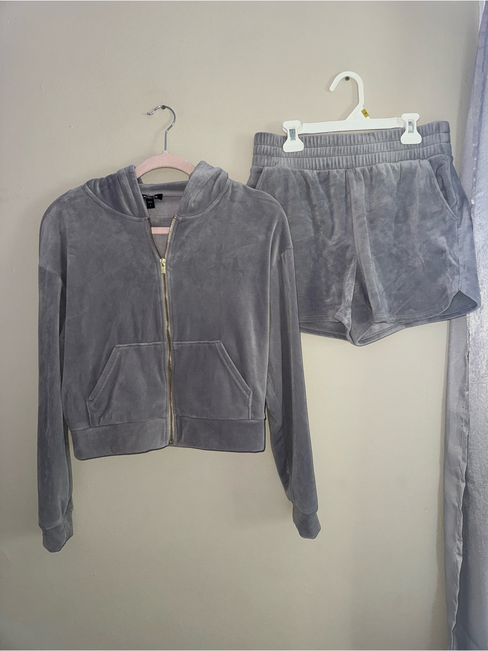 Express Gray Velour Zip Hoodie & Shorts Set